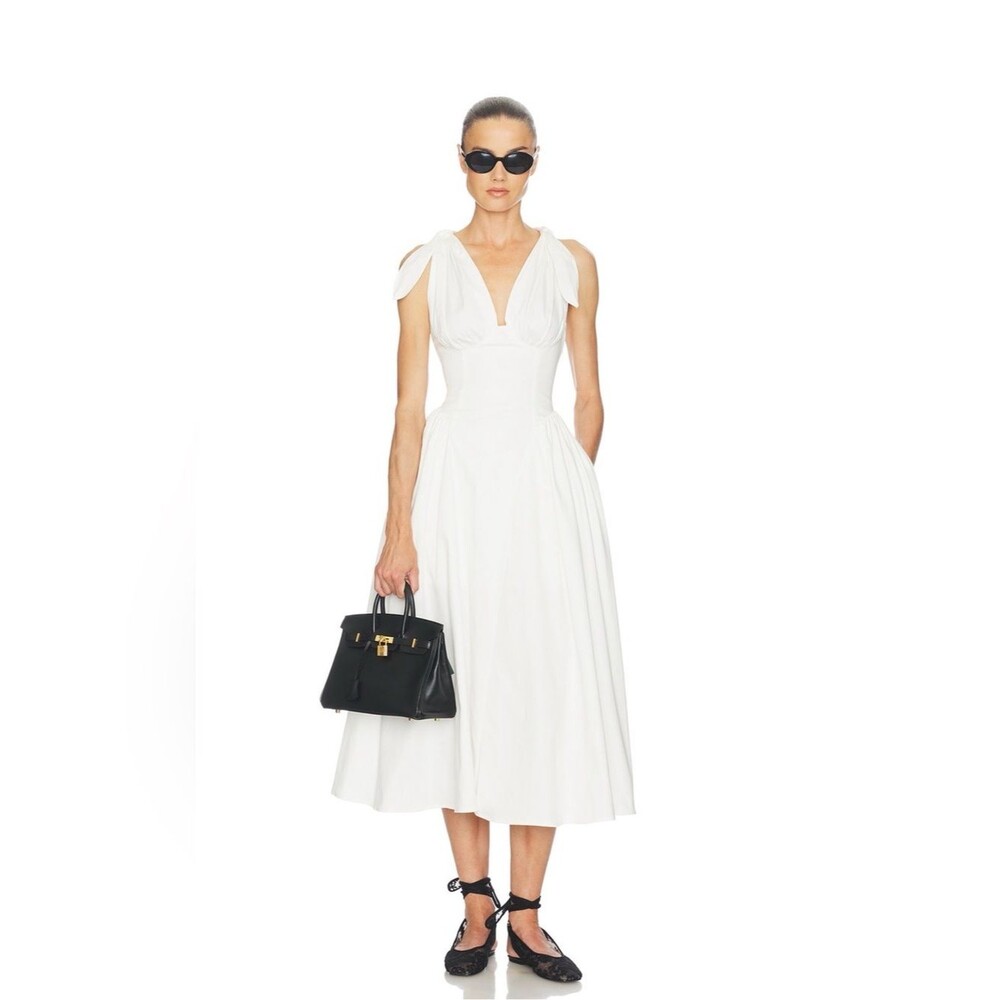 NWOT HELSA Stretch Cotton Sateen Midi Dress in Ivory, party sundress, XS